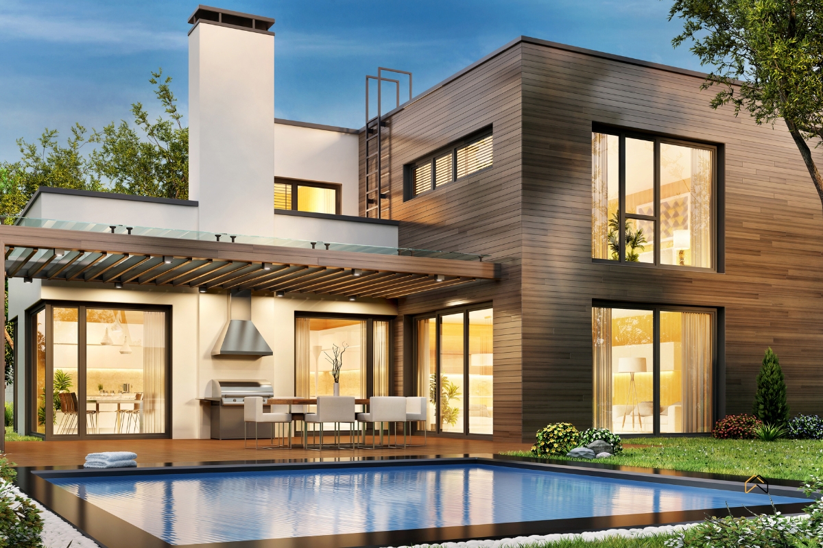 Budowa domu jednorodzinnego — nowoczesny projekt z tarasem, dużymi oknami i basenem