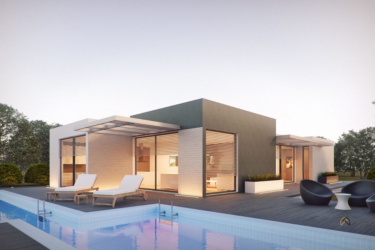 Nowoczesny dom parterowy z tarasem i basenem w ogrodzie