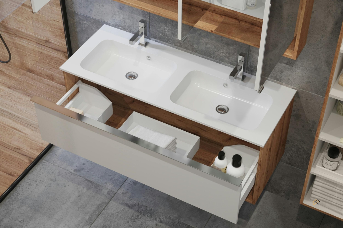 Nowoczesna podwójna umywalka z szufladą do przechowywania w łazience