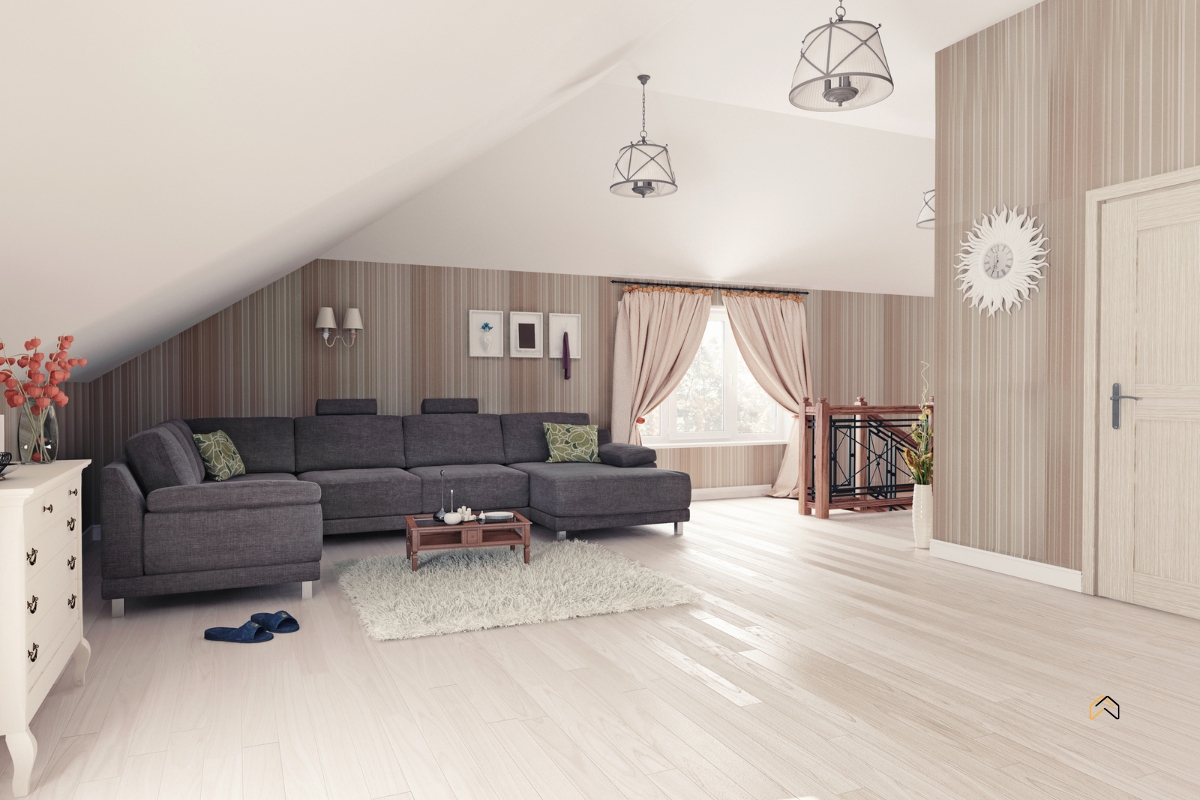 Adaptacja poddasza na salon — narożnik, stolik kawowy i jasne wykończenie wnętrza