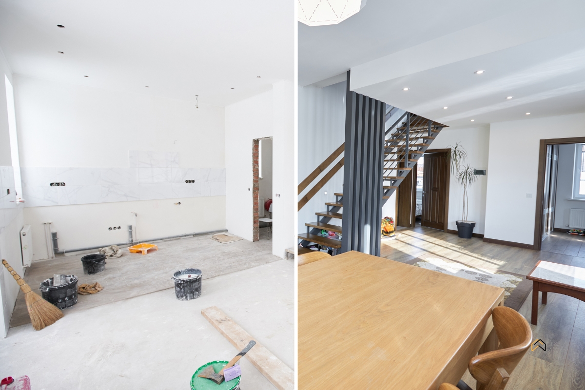 Remont mieszkania przed i po — kuchnia w trakcie prac i wykończone wnętrze z salonem i schodami