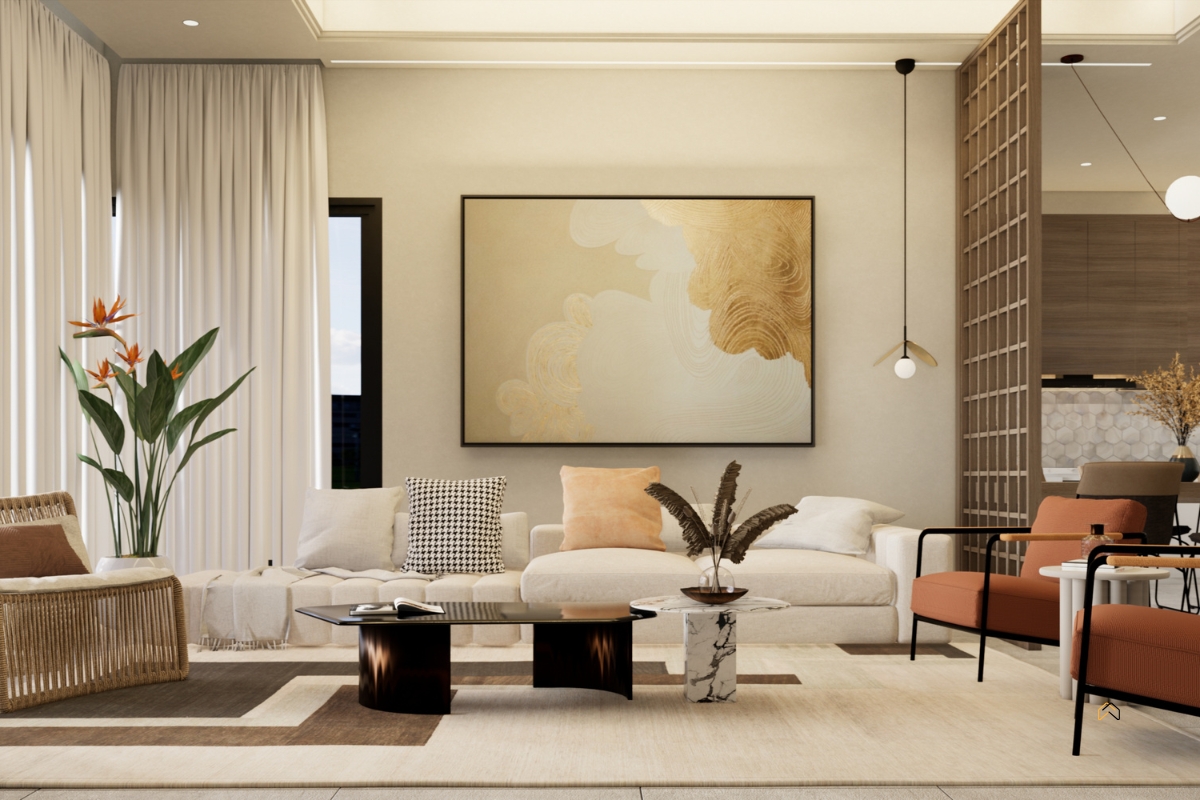 Salon w nowoczesnym stylu z jasną sofą, dekoracjami i obrazem na ścianie